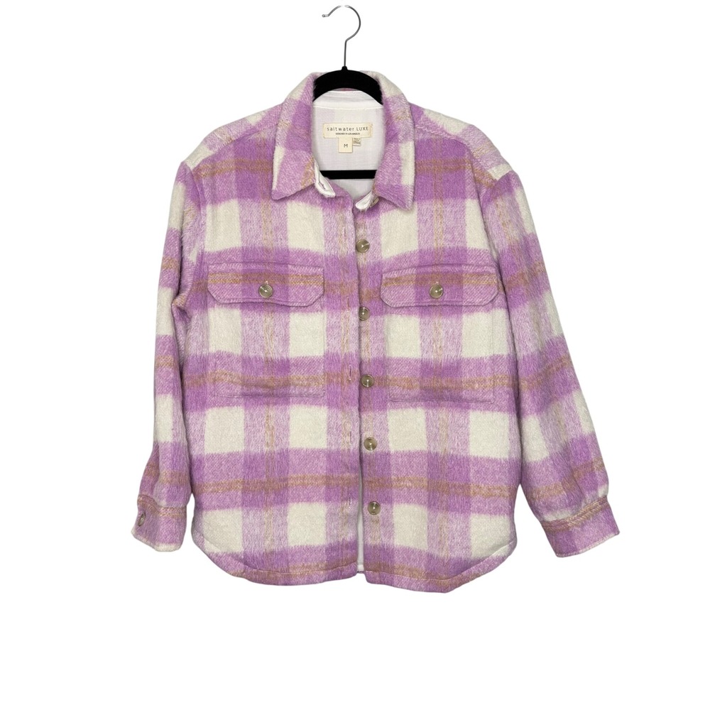 Saltwater Luxe Plaid Shacket Medium Purple Cream Fuzzy Oversized